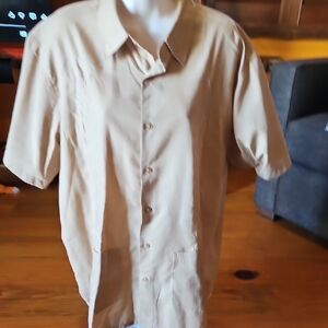 Haband Guayabera Short Sleeve Shirt in Beige with Green and Orange Logo